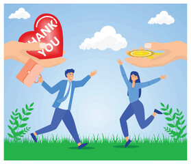 Happy People Receiving Thank You Heart and Star Medal. Thankful concept. 