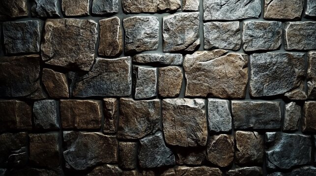 Close-up view of a textured stone wall, composed of various-sized, rectangular, and irregular-shaped stones in shades of brown and gray.  A pattern of interlocking stones creates a rustic appearance..