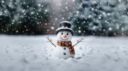 Fototapeta premium Snowman in the Snow Winter Landscape. Merry christmas and happy new year. Snowman on the snowy winter background.