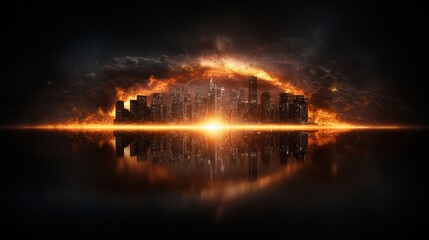 Fototapeta premium A cityscape with a bright sun reflecting off the water