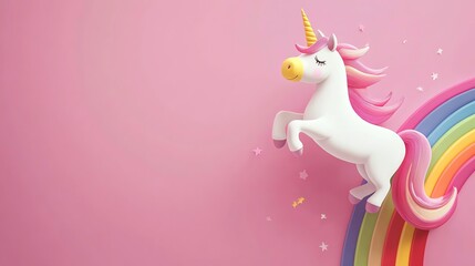 Obraz premium A 3D cartoon unicorn stands on a rainbow on a pink background with scattered stars.