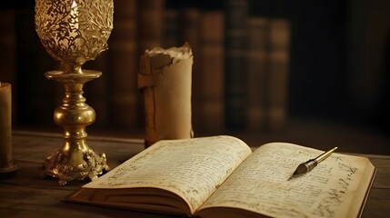 Antique Book Open With Quill Pen Candles And Scrolls