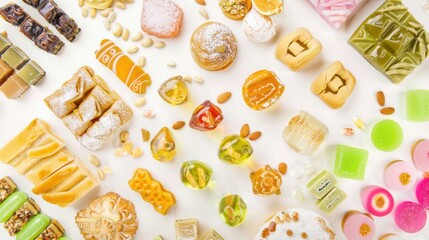 Arabic sweets, carefully arranged to showcase their intricate shapes and vibrant colors, are mouth-watering.