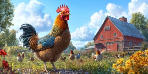 A Vibrant Rooster Standing Proudly in a Lush Farmyard Surrounded by Chickens with a Bright Red Barn and Blue Sky in the Background