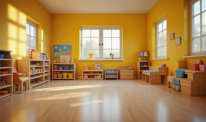 An empty wooden floor against a fuzzy background of a yellow kindergarten or child's room. An empty wooden table. Wood desck. Blurred background. Yellow children's room with large window. Bg colorful