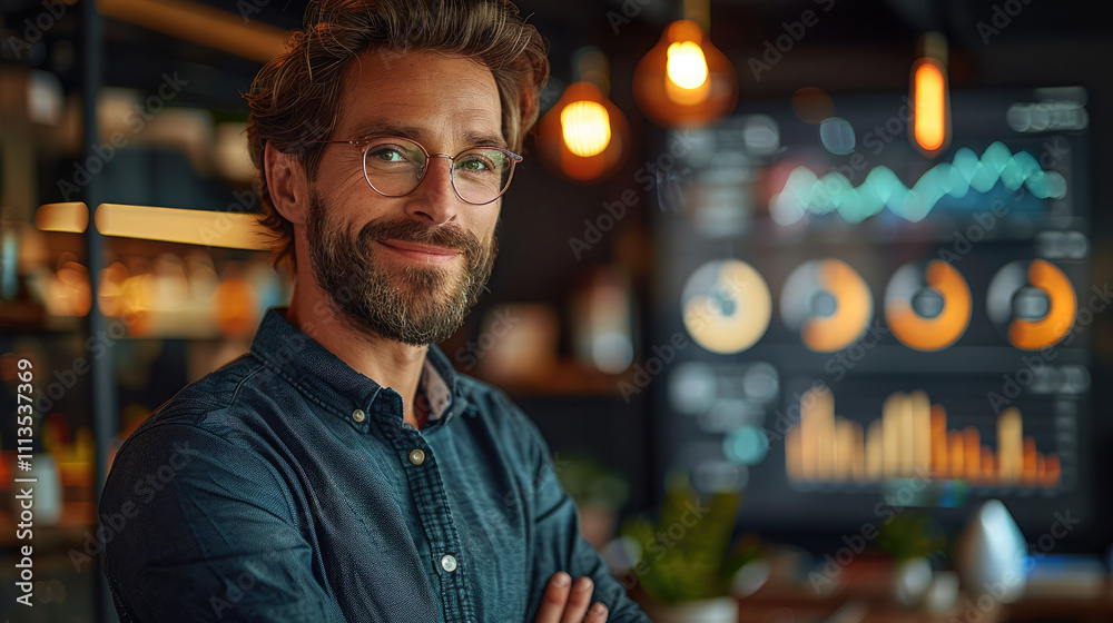Poster A confident, smiling entrepreneur standing in front of a glowing holographic display showing positive business metrics, including rising graphs and financial growth analytics.