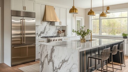 A sophisticated mid-century modern kitchen with an island featuring a waterfall marble countertop