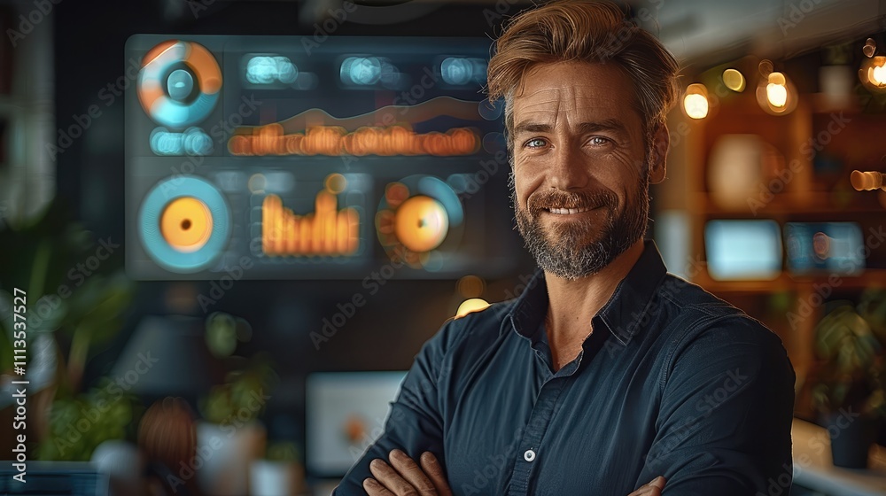 Aufkleber A confident, smiling entrepreneur standing in front of a glowing holographic display showing positive business metrics, including rising graphs and financial growth analytics.