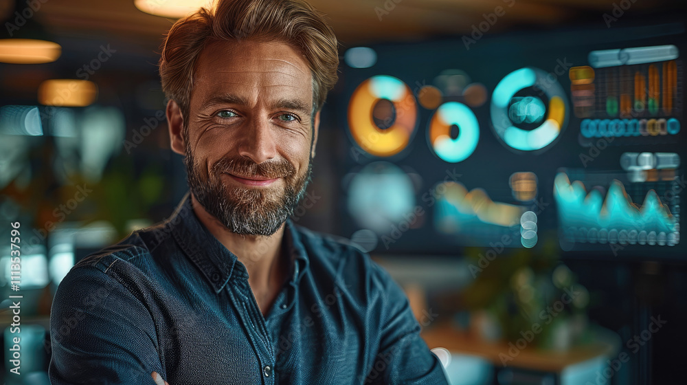 Poster A confident, smiling entrepreneur standing in front of a glowing holographic display showing positive business metrics, including rising graphs and financial growth analytics.
