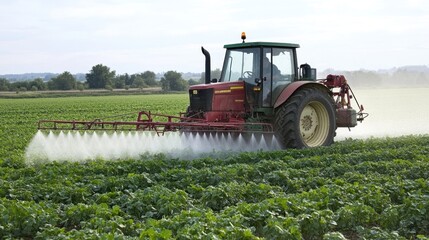 Fototapeta premium Agricultural Tractor Spraying Crops in a Field