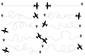 A vector set of icons depicting an old aircraft's flight route, complete with a starting point and a dashed line trajectory.