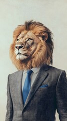 A lion in a tailored gray suit, blue tie, standing tall in front of a soft white background with a...