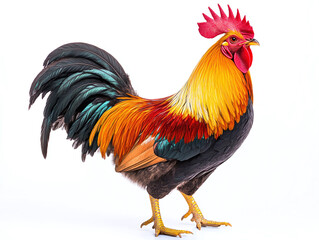 Fototapeta premium A sturdy rooster with bright plumage isolated on white background