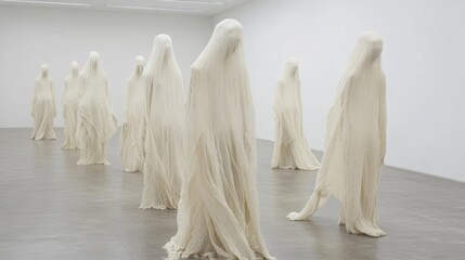 A group of abstract, ghostly figures draped in white fabric stand in a minimalist white gallery...