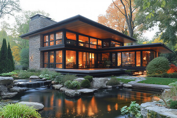 Fototapeta premium Modern Stone House Illuminated Beside Serene Water Feature
