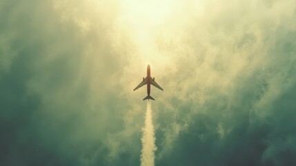 Airplane Flying High Above Clouds with Vapor Trail Against a Darkening Sky, Symbolizing Travel, Adventure, and Human Ingenuity in Aviation Technology