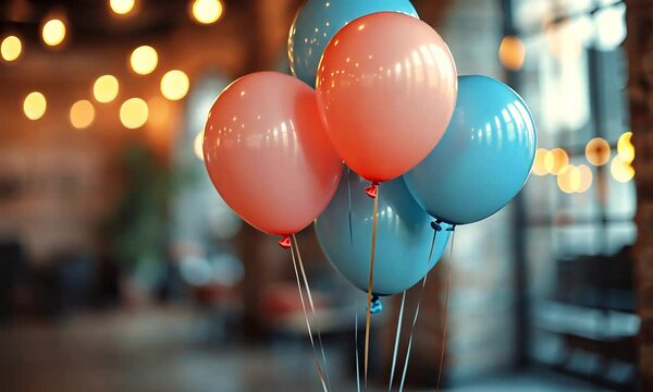 A cluster of pink and blue balloons, creating a festive atmosphere with soft lighting in the background.