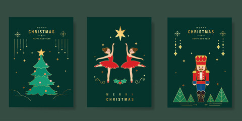 Fototapeta premium Merry Christmas and Happy New Year greeting card vector set. Luxury invitation with tree, bauble, nutcracker, angel, gold line art on green background. Design illustration for season's card, ads.