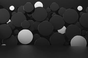 New year black abstract stage mockup with flying glossy black, silver circles. Template 3D illustration modern, luxury, perfect, geometric scene for presentation cosmetic products, goods, advertising.