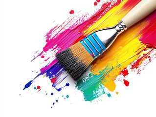 Obraz premium A vibrant paintbrush with splatters of color, isolated on white