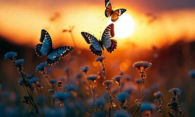 Two butterflies flutter among flowers at sunset, creating a serene and colorful nature scene.