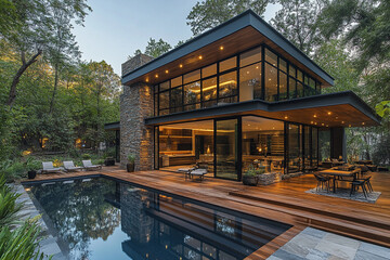 Fototapeta premium Modern Glass House With Pool And Wooden Deck