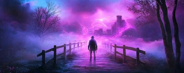 Fototapeta premium Mysterious figure walking on bridge amidst stormy purple clouds fantasy landscape surreal atmosphere dramatic viewpoint