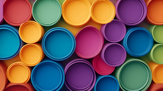 Colorful circular containers arrangement vibrant background digital art abstract environment top-down view playful concept