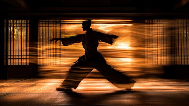 A silhouette of a martial artist in motion against a warm, blurred background.