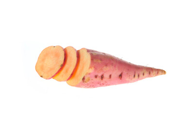 Ripe sweet potatoes on a white background