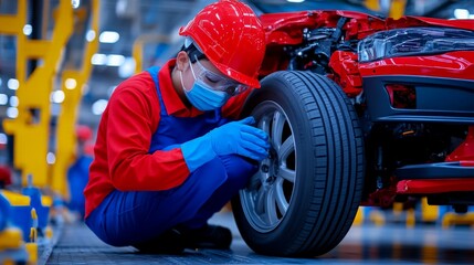 Factory Worker Assembling Car Wheel: A dedicated worker meticulously tightens a wheel on a gleaming red car, highlighting the precision and craftsmanship involved in automotive production.  