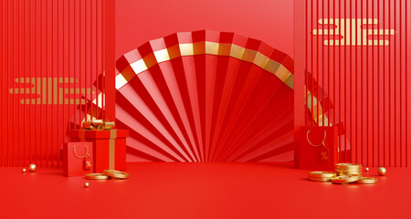 empty red and gold podium with Chinese coins, gift box, paper fan and shopping bag on red background, Chinese new year and festival, for product presentation, 3d render	
