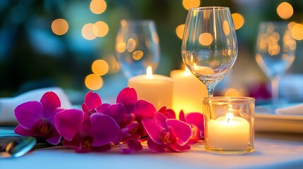 A romantic table setting with candles and pink orchids.