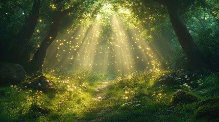 Obraz premium A serene forest scene featuring sunlight filtering through lush trees, illuminated by soft glowing particles, Perfect for nature themes, tranquility, or promoting outdoor activities and wellness,