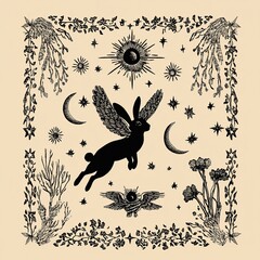 Celestial winged rabbit in ornate frame.