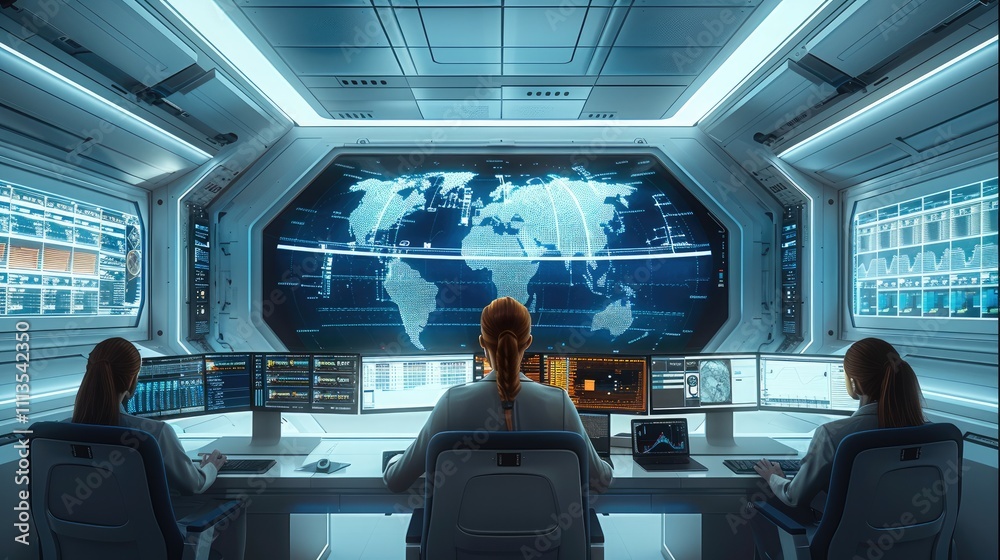 Poster A modern tech startup creates virtual maps for undersea communication systems. Engineers sit at sleek desks surrounded by digital displays and futuristic technology, work optimize global connectivity.