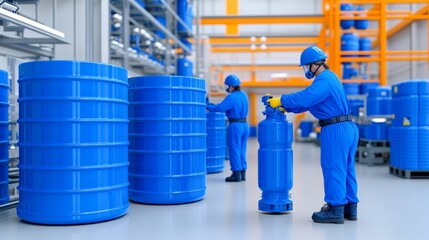 Industrial Workers: Two industrial workers in blue uniforms and hard hats carefully handle large blue barrels in a modern warehouse setting.  The image conveys a sense of precision, safety.