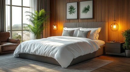 Modern cozy bedroom interior with elegant decor, soft bedding, stylish furniture, and natural light illuminating a warm atmosphere
