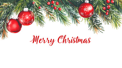 Christmas Frame with Red, Gold, and Green Ornaments, Stars, Pine Branches, and Snowflakes with copyspace