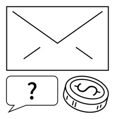 Enclosed envelope demonstrates email communication, speech bubble with question mark indicates inquiry, coin with dollar symbol signifies money. Ideal for finance, customer support, communication