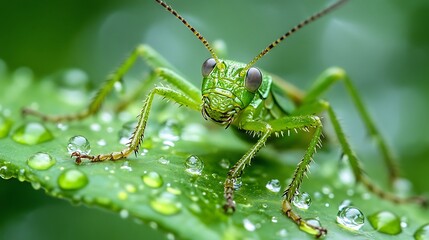 Fototapeta premium Green Katydid Perched on Dew Covered Leaf