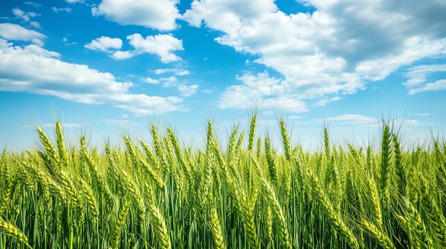 A field of green wheat with a bright blue sky and white clouds in the background.