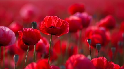 Obraz premium Vibrant red poppies bloom abundantly in a field, creating a stunning visual display, This image can be used for nature-related content, floral designs, or to evoke feelings of beauty and tranquility,