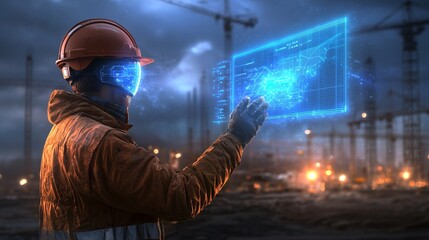 Construction worker using augmented reality technology at urban job site futuristic environment digital interaction
