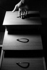 Open drawers in the table. Interior furniture.