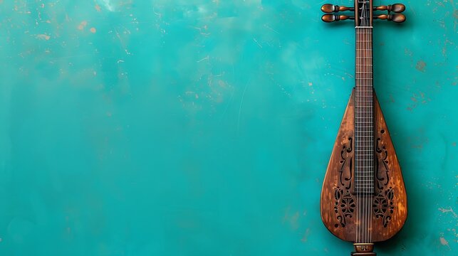 A dulcimer displayed against a bright turquoise background