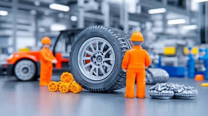 Miniature Workers Assemble a Tire: Tiny toy figures in orange overalls work diligently on a large tire, evoking a sense of teamwork and precision in a factory setting.  