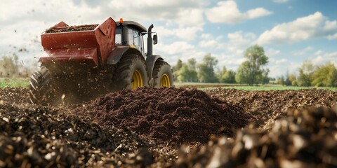 Tractor Spreading Organic Fertilizer on Agricultural Field with Blue Sky and Green Trees in Background for Sustainable Farming Practices