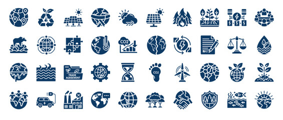 climate change environmental issues set dark blue flat icons, recycle technology development green