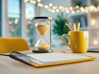 Focus on productivity hourglass on desk home office still life cozy environment close-up time management concept